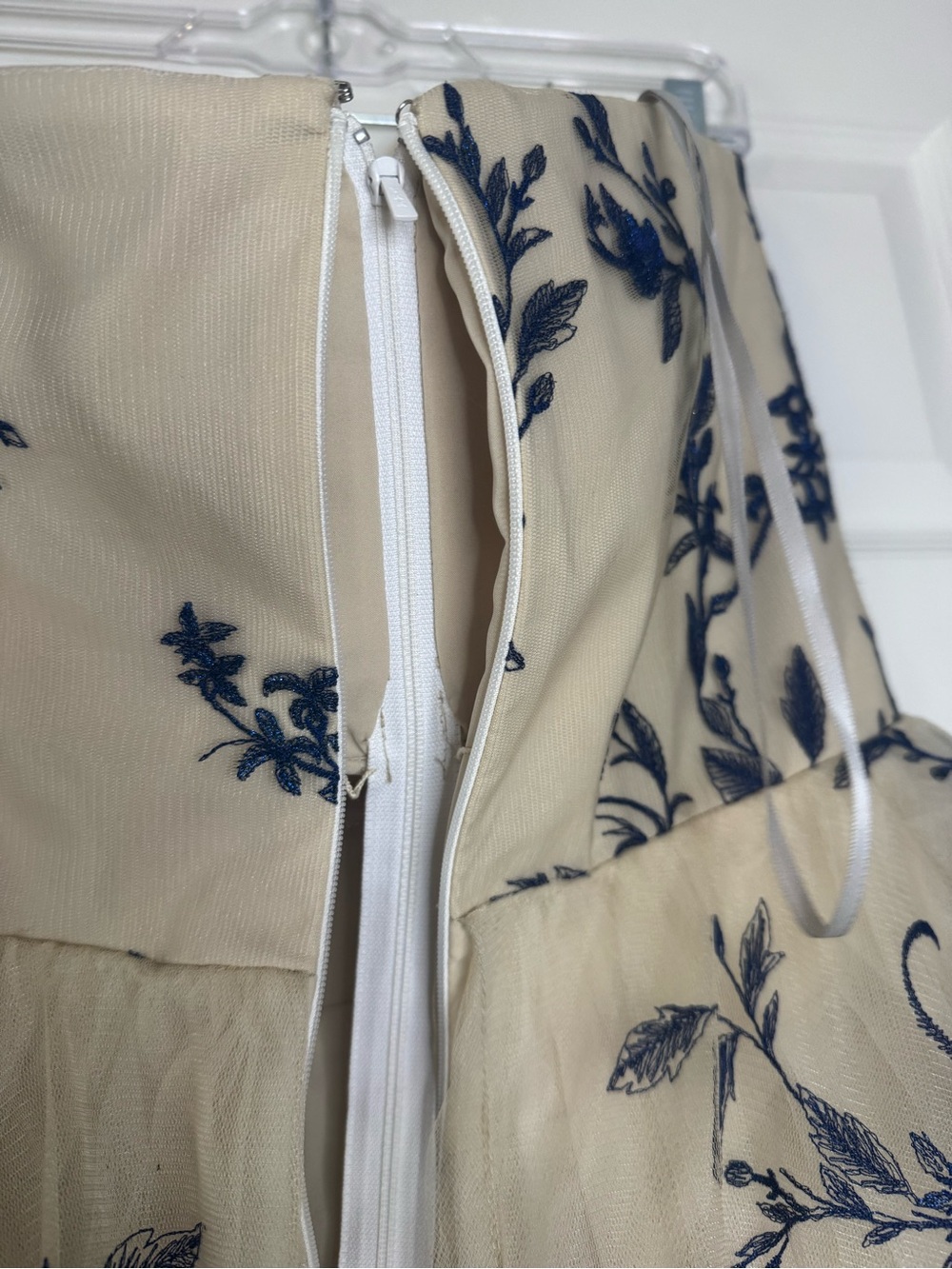 Marchesa NotteStrapless Floral Dress in Cream Tulle with Blue Embroidery - Picture 10 of 10